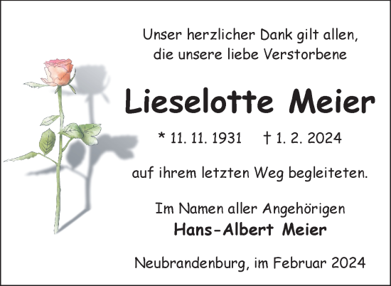 Traueranzeige von Lieselotte Meier von Nordkurier Neubrandenburger Zeitung