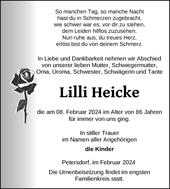Traueranzeige von Lilli Heicke von Nordkurier Strelitzer Zeitung