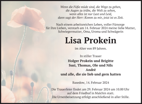 Traueranzeige von Lisa Prokein von Nordkurier Mecklenburger Schweiz