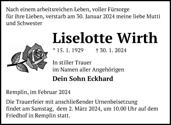 Traueranzeige von Liselotte Wirth von Nordkurier Mecklenburger Schweiz