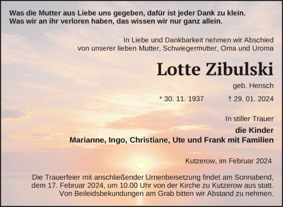 Traueranzeige von Lotte Zibulski von Uckermark Kurier Prenzlauer Zeitung