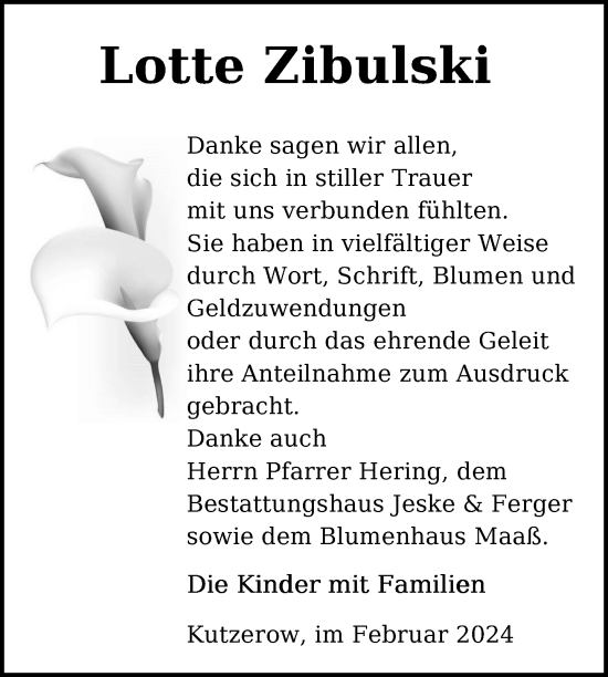 Traueranzeige von Lotte Zibulski von Uckermark Kurier Prenzlauer Zeitung
