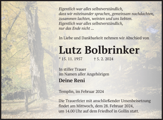 Traueranzeige von Lutz Bolbrinker von Uckermark Kurier Templiner Zeitung