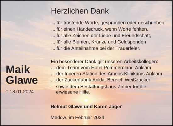 Traueranzeige von Maik Glawe von Nordkurier Vorpommern Kurier
