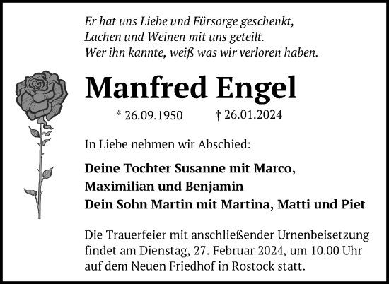 Traueranzeige von Manfred Engel von Nordkurier Demminer Zeitung
