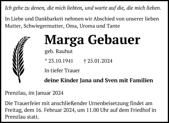 Traueranzeige von Marga Gebauer von Uckermark Kurier Prenzlauer Zeitung