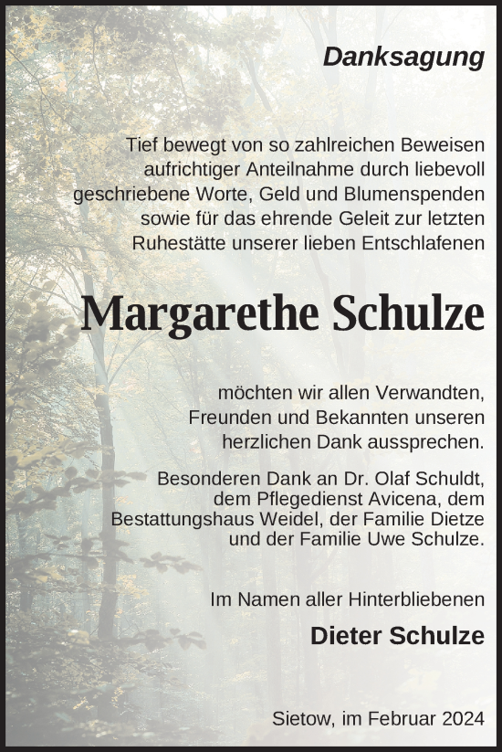 Traueranzeige von Margarethe Schulze von Nordkurier Müritz-Zeitung