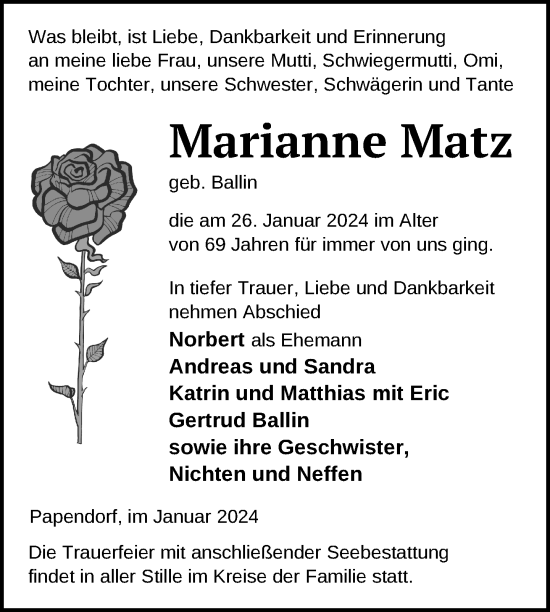 Traueranzeige von Marianne Matz von Nordkurier Pasewalker Zeitung