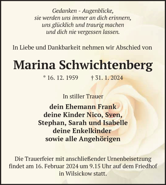 Traueranzeige von Marina Schwichtenberg von Nordkurier Pasewalker Zeitung