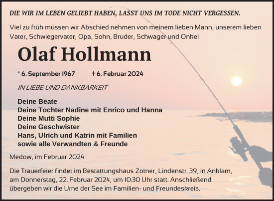 Traueranzeige von Olaf Hollmann von Nordkurier Vorpommern Kurier