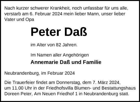 Traueranzeige von Peter Daß von Nordkurier Neubrandenburger Zeitung