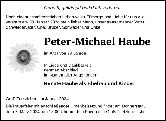 Traueranzeige von Peter-Michael Haube von Nordkurier Neubrandenburger Zeitung