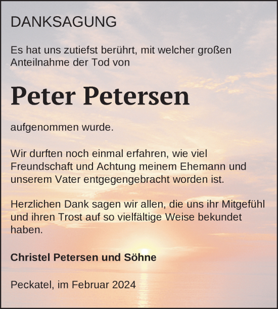 Traueranzeige von Peter Petersen von Nordkurier Strelitzer Zeitung