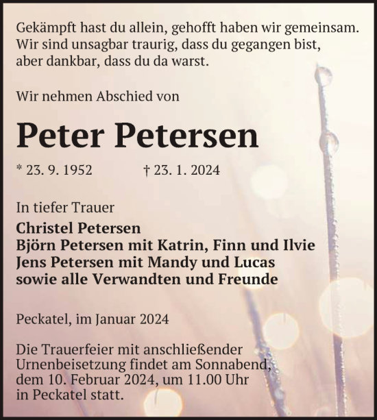 Traueranzeige von Peter Petersen von Nordkurier Strelitzer Zeitung
