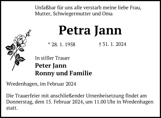 Traueranzeige von Petra Jann von Nordkurier Müritz-Zeitung
