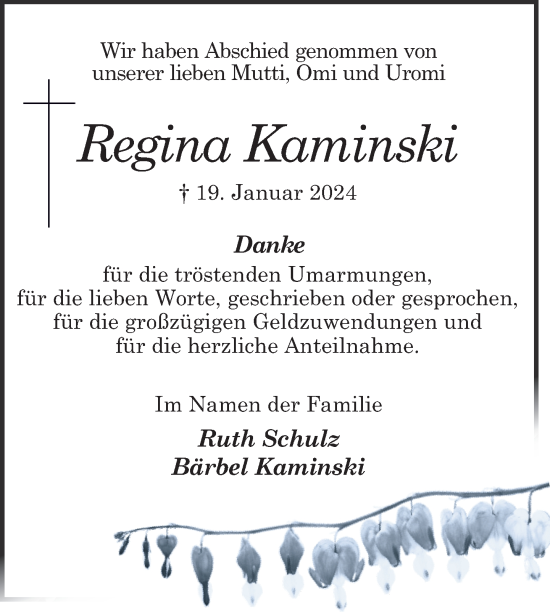 Traueranzeige von Regina Kaminski von Nordkurier Haff-Zeitung