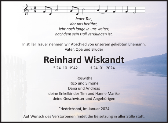 Traueranzeige von Reinhard Wiskandt von Nordkurier Müritz-Zeitung