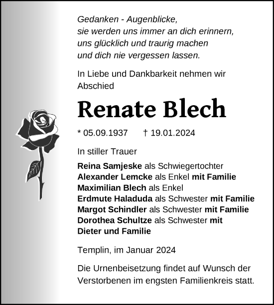 Traueranzeige von Renate Blech von Uckermark Kurier Templiner Zeitung