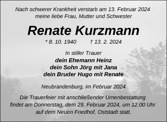 Traueranzeige von Renate Kurzmann von Nordkurier Neubrandenburger Zeitung