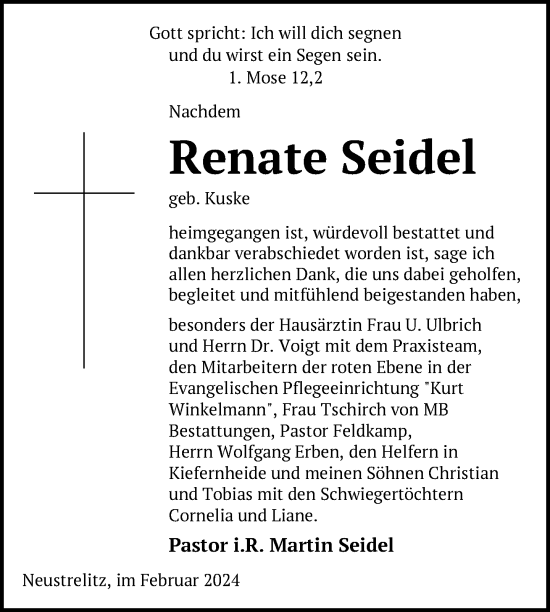 Traueranzeige von Renate Seidel von Nordkurier Strelitzer Zeitung