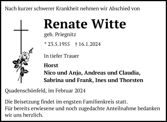 Traueranzeige von Renate Witte von Nordkurier Strelitzer Zeitung