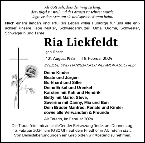 Traueranzeige von Ria Liekfeldt von Nordkurier Vorpommern Kurier