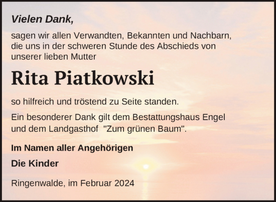 Traueranzeige von Rita Piatkowski von Uckermark Kurier Templiner Zeitung