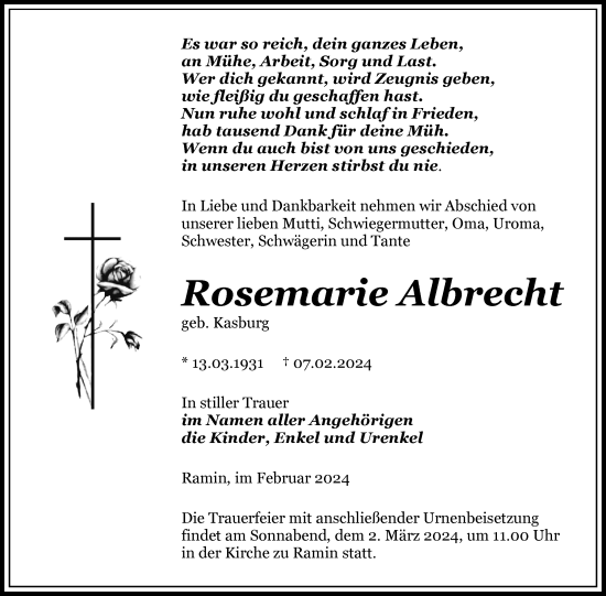 Traueranzeige von Rosemarie Albrecht von Nordkurier Pasewalker Zeitung