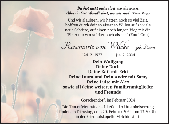 Traueranzeige von Rosemarie von Wilcke von Nordkurier Mecklenburger Schweiz