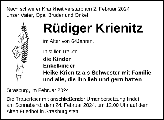 Traueranzeige von Rüdiger Krienitz von Nordkurier Pasewalker Zeitung