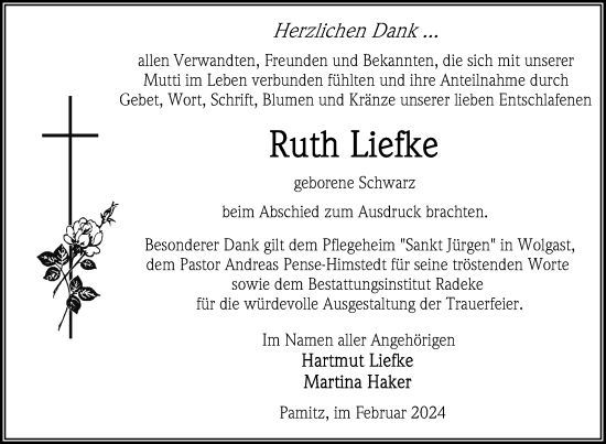 Traueranzeige von Ruth Liefke von Nordkurier Vorpommern Kurier