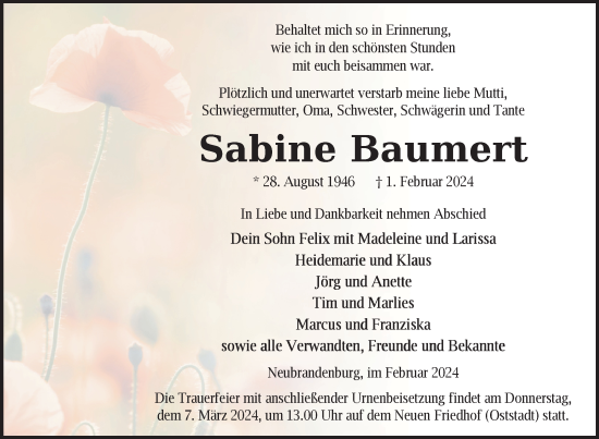 Traueranzeige von Sabine Baumert von Nordkurier Neubrandenburger Zeitung