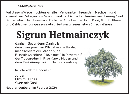Traueranzeige von Sigrun Hetmainczyk von Nordkurier Neubrandenburger Zeitung