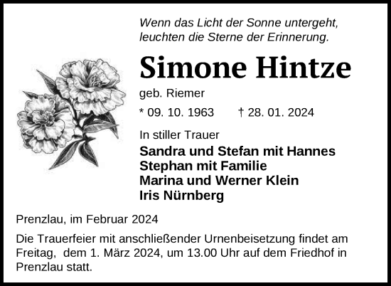 Traueranzeige von Simone Hintze von Uckermark Kurier Prenzlauer Zeitung