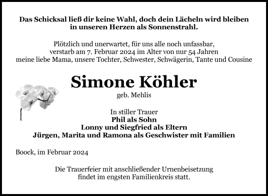 Traueranzeige von Simone Köhler von Nordkurier Pasewalker Zeitung