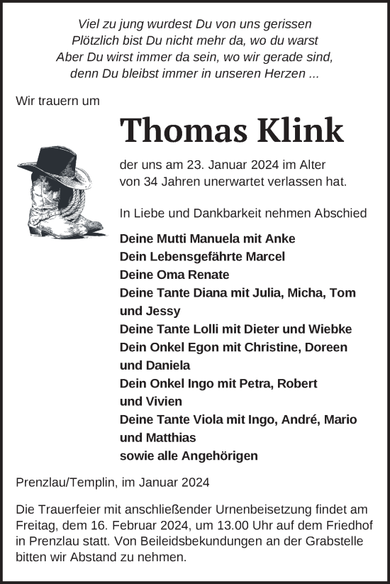 Traueranzeige von Thomas Klink von Uckermark Kurier Prenzlauer Zeitung