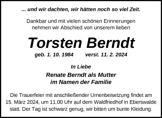 Traueranzeige von Torsten Berndt von Uckermark Kurier Templiner Zeitung