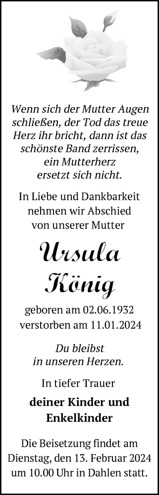 Traueranzeige von Ursula König von Nordkurier Neubrandenburger Zeitung