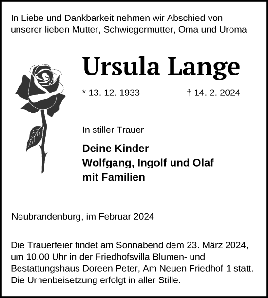 Traueranzeige von Ursula Lange von Nordkurier Neubrandenburger Zeitung
