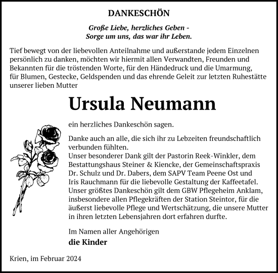 Traueranzeige von Ursula Neumann von Nordkurier Vorpommern Kurier