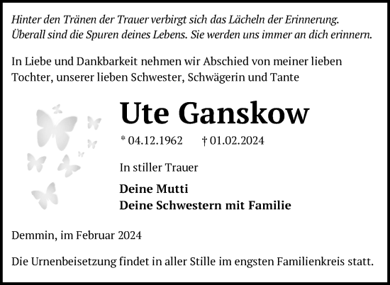 Traueranzeige von Ute Ganskow von Nordkurier Demminer Zeitung