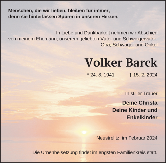 Traueranzeige von Volker Barck von Nordkurier Strelitzer Zeitung