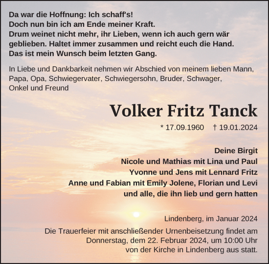 Traueranzeige von Volker Fritz Tanck von Nordkurier Demminer Zeitung