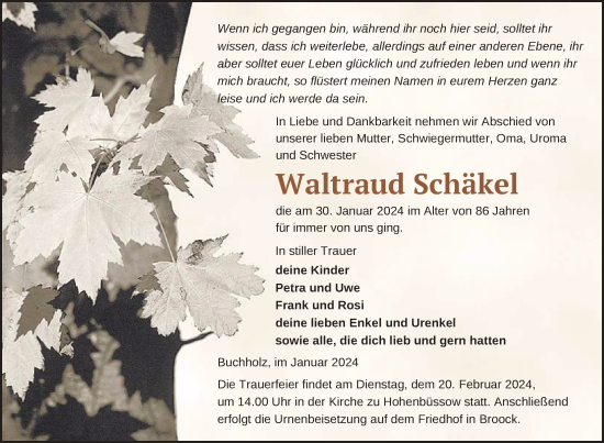 Traueranzeige von Waltraud Schäkel von Nordkurier Vorpommern Kurier