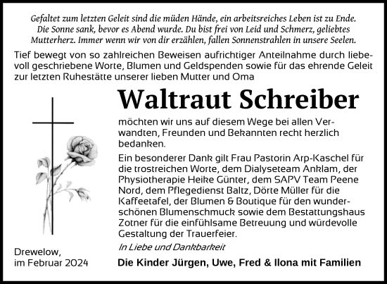 Traueranzeige von Waltraut Schreiber von Nordkurier Vorpommern Kurier