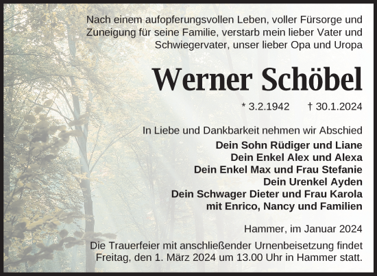 Traueranzeige von Werner Schöbel von Nordkurier Haff-Zeitung