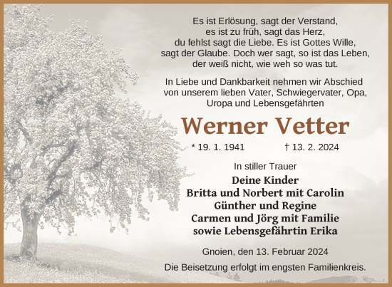 Traueranzeige von Werner Vetter von Nordkurier Mecklenburger Schweiz