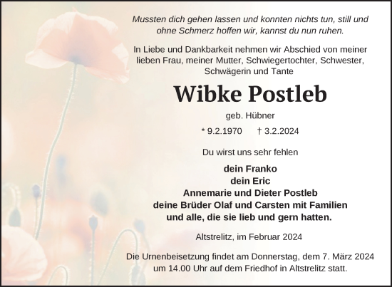 Traueranzeige von Wibke Postleb von Nordkurier Strelitzer Zeitung