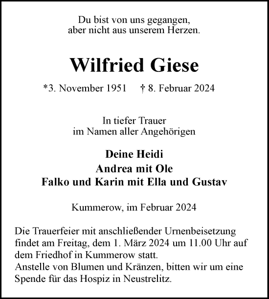 Traueranzeige von Wilfried Giese von Nordkurier Demminer Zeitung