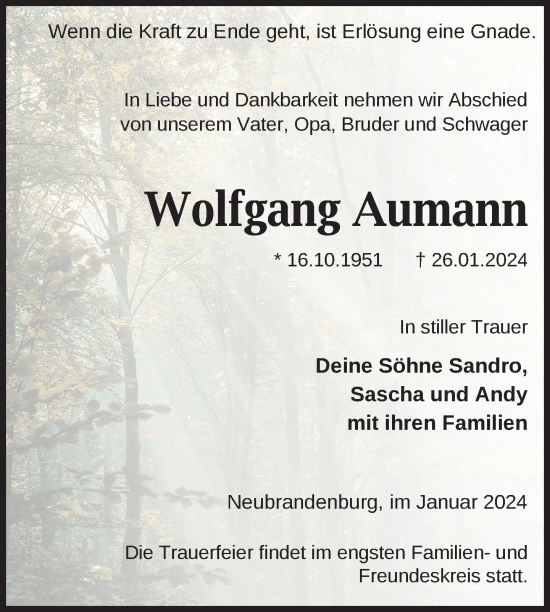 Traueranzeige von Wolfgang Aumann von Nordkurier Neubrandenburger Zeitung